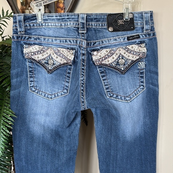 Miss Me Vintage Rhinestone Studded Y2K Mid Rise Bootcut Denim Washed Blue Jeans - Picture 6 of 16